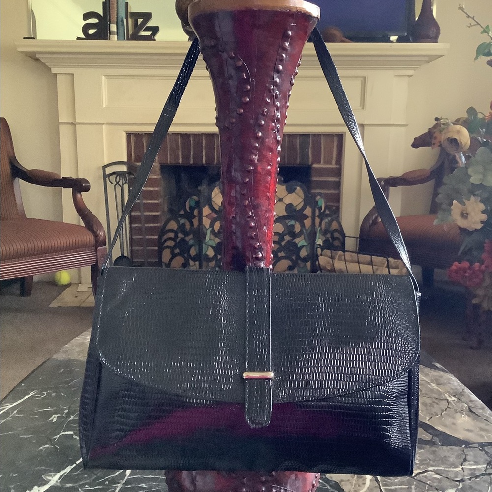Vintage Almondo Originals black glossy genuine lizard skin leather shoulder bag